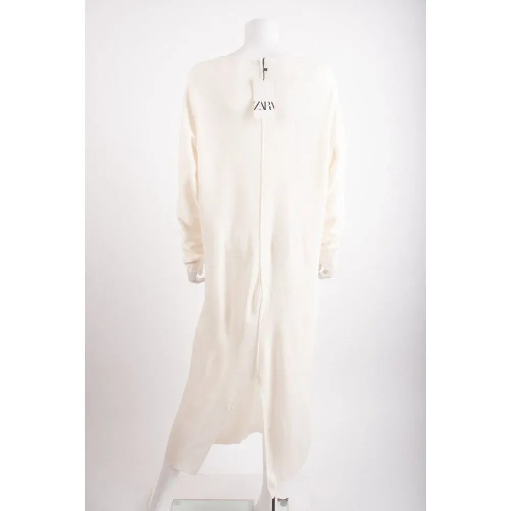 Zara Women Midi Knit Dress Size S Ecru Ivory Front seam long sleeve 5536/042 NWT